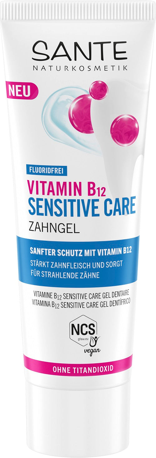 Sante Vitamine B12 Sensitive toothpaste 75ml tube, gentle formula for sensitive teeth, with vitamin B12 for oral health.