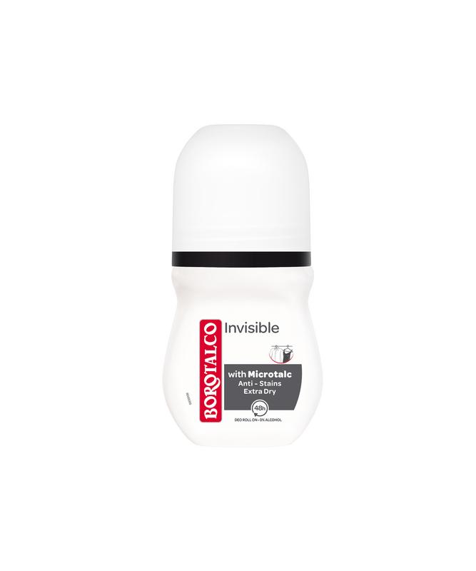 Borotalco Invisible Deodorant Roller 50ml, showing the white deodorant stick with clear cap and branding on the label.
