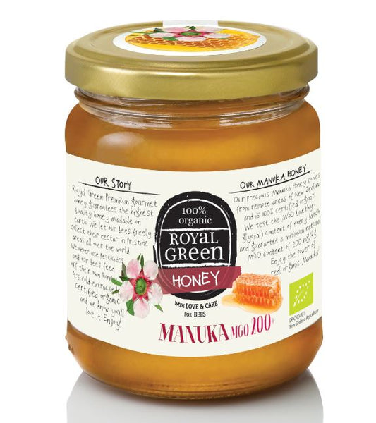 Royal Green Manuka honey bio 250g jar, smooth golden honey from New Zealand, highlighting natural honey honing product.