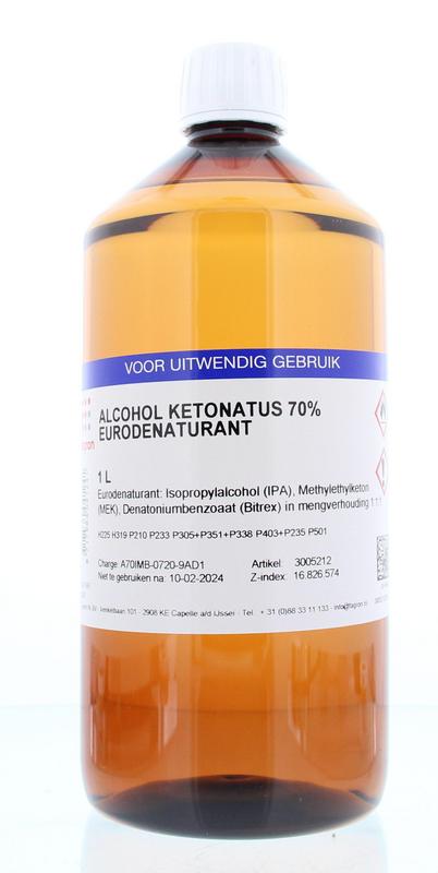 Fagron alcohol ketonatus 70% disinfectant in 1-liter bottle, used for sanitizing and cleaning surfaces.