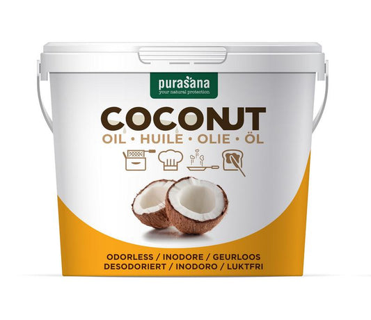Purasana bio coconut oil in a 2-liter bottle, natural and unrefined, suitable for cooking and skincare applications.