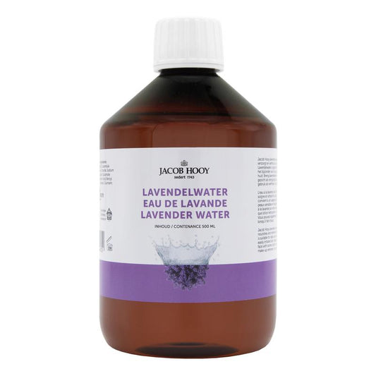 Jacob Hooy Lavendelwater bottle for body care, 500ml, with lavender scent and clear liquid inside.