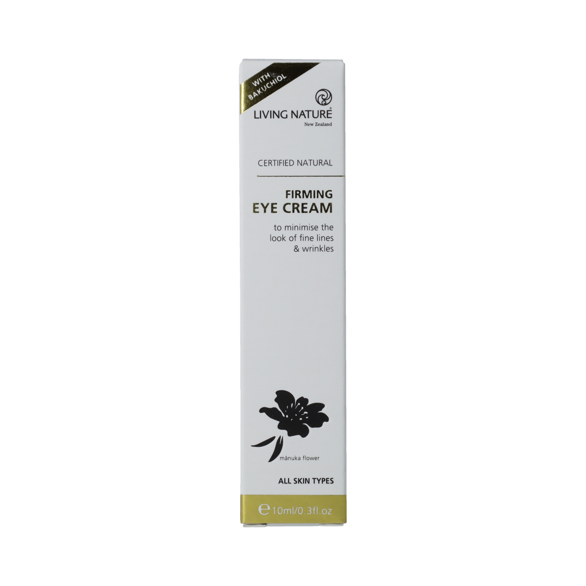 Living Nature oogverzorging oogcreme verstevigend in 10ml, close-up of the tube showing branding and product details.
