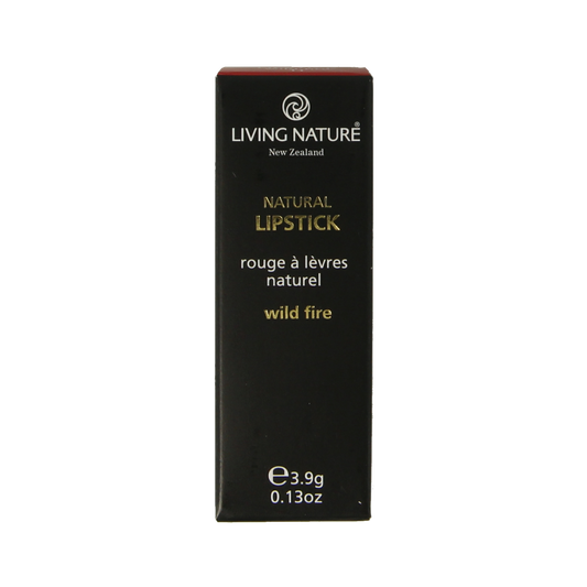 Living Nature Wild Fire lipstick in 3.9 grams, close-up of vibrant red make-up product with sleek packaging.