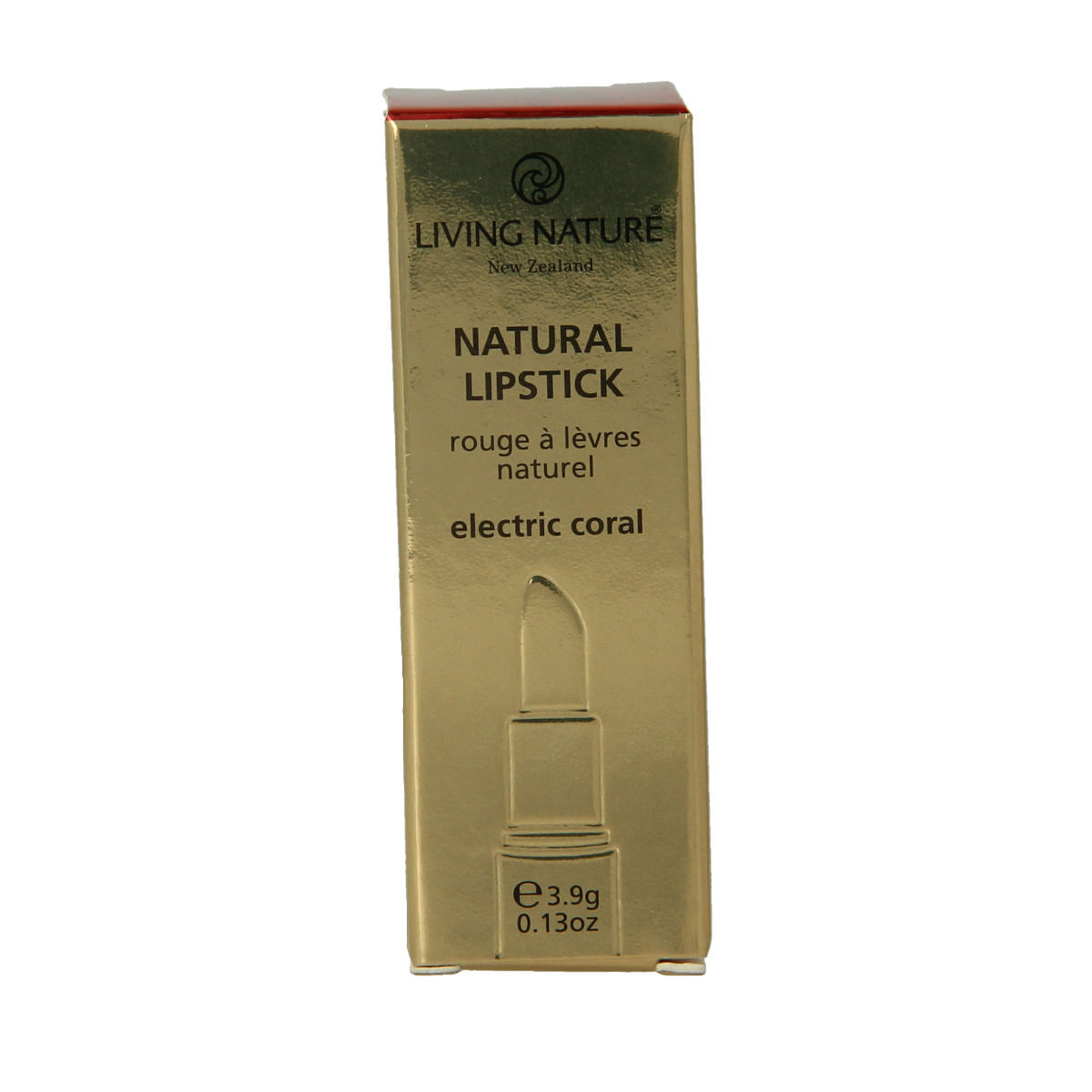Living Nature electric coral lipstick in 3.90 grams showcasing the vibrant, natural makeup product in its sleek packaging.