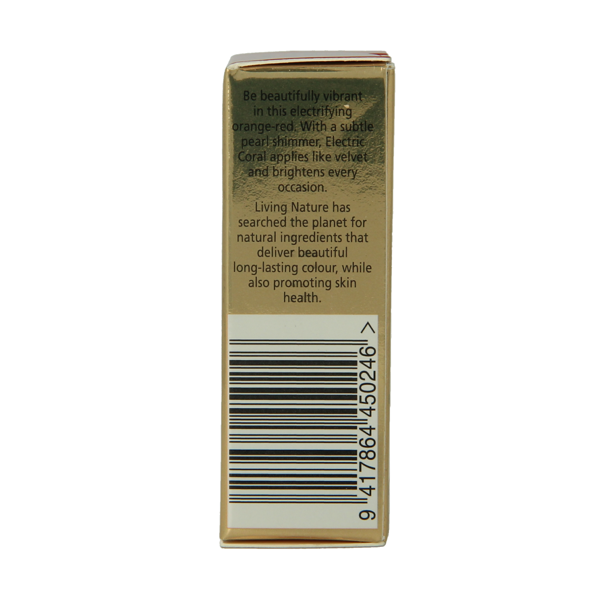 Living Nature electric coral lipstick in 3.90 grams, showcasing vibrant coral shade and sleek makeup packaging.