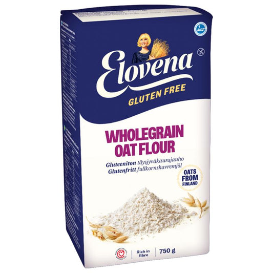 Elovena gluten-free oat flour in a 750g bag, ideal for baking and cooking, shown in the image.