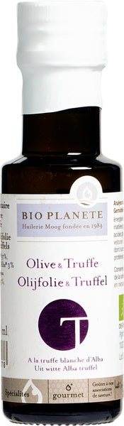 Bio Planete extra virgin olive and truffle oil in a 100ml bottle, showcasing the dark glass bottle with label and pouring spout.