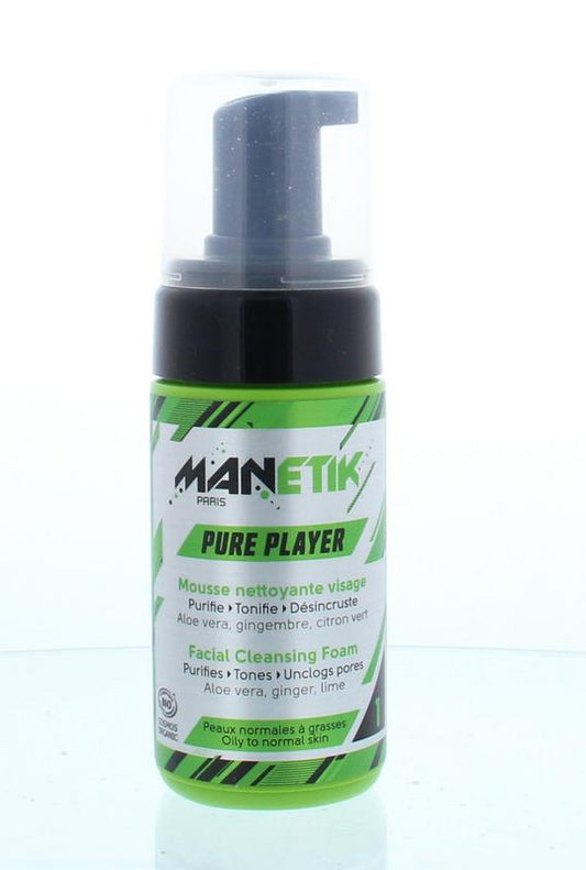 Manetik Pure organic cleansing foam in 100ml bottle, facial skincare product with white foam and pump dispenser.