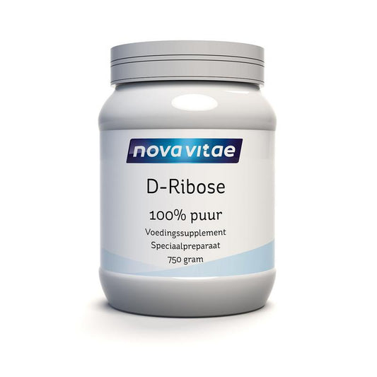 Fresh bottle of Nova Vitae D Ribose pure herbal supplement, 750g, in a clear container with label displaying product details.