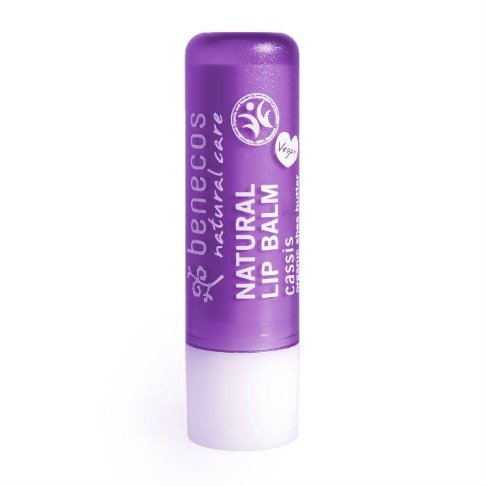Benecos Natural Beauty cassis lip balm in box, natural lip care product with nourishing formula, displayed in packaging.
