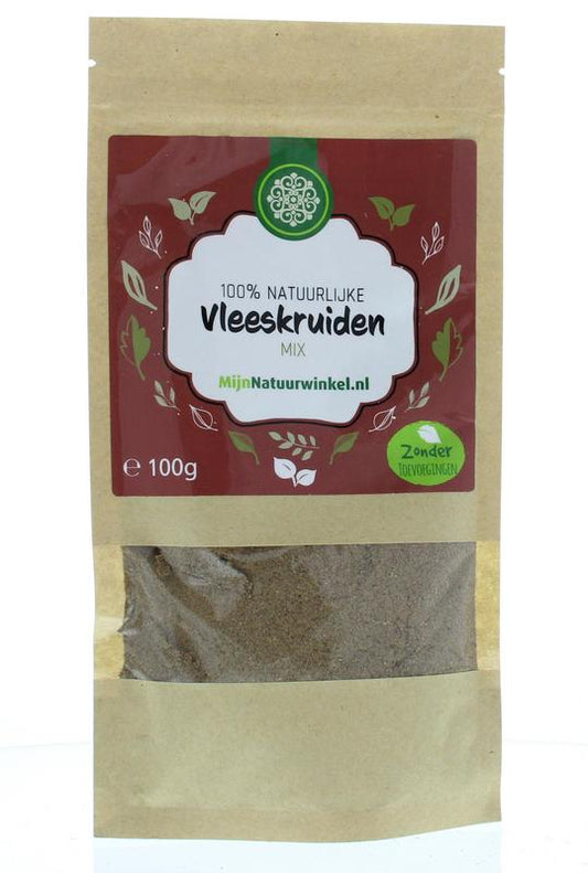 MijnNatuurwinkel Vleeskruiden 100g, herbal meat spices in a clear jar with label, perfect for flavorful cooking.