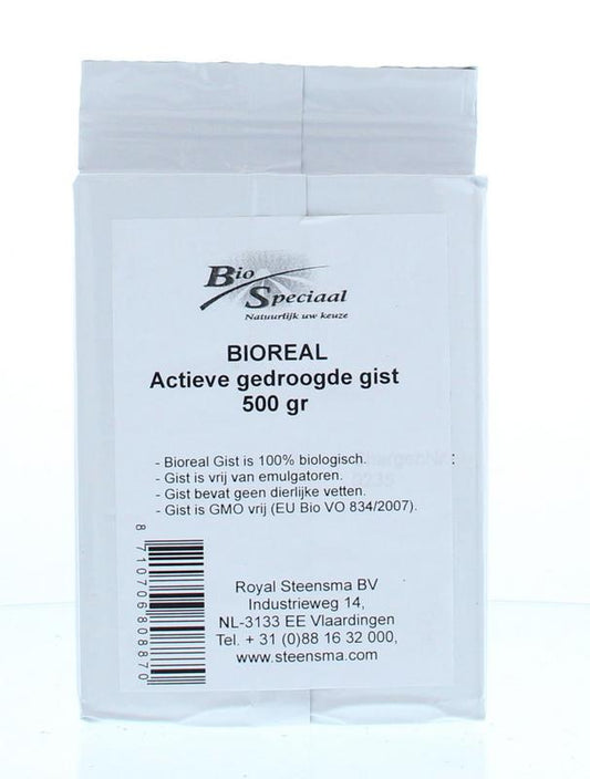 Bioreal Gist gedroogd bio, 500g, organic baking mix with dried yeast in a package, suitable for bread and baking recipes.
