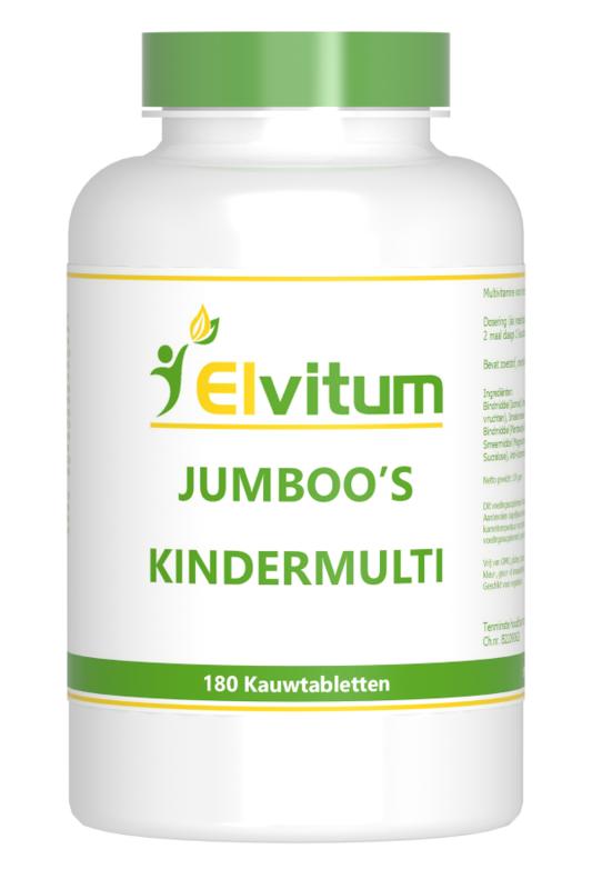 Elvitum Jumboos kids multivitamin Kauwtabletten, chewable multivitamin tablets for children, with colorful packaging.