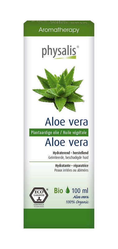 Physalis Aloe Vera plantaardige olie in 100ml bottle, natural body care product with aloe vera for skin nourishment.