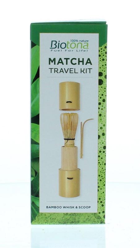 Biotona Matcha travel kit with green tea powder, compact packaging, ideal for on-the-go matcha tea preparation.