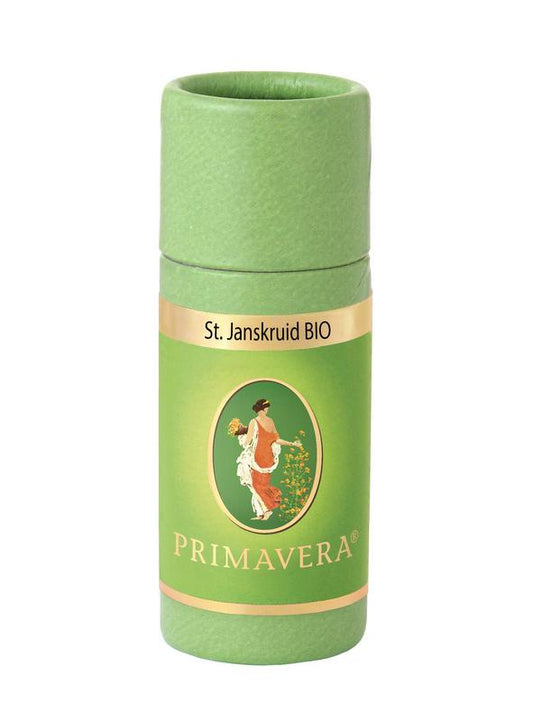 Primavera Sint Janskruid bio essential oil in a 1ml bottle, showing the amber glass container and label for aromatherapy use.