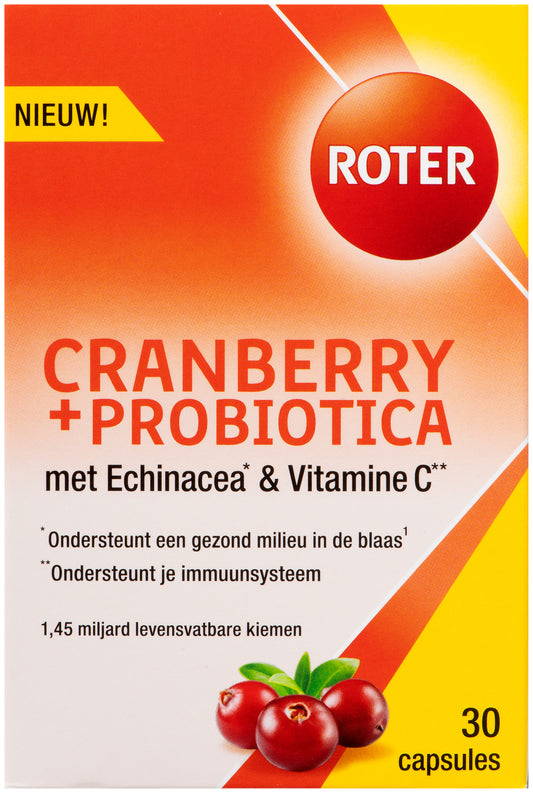 Roter Cranberry and probiotic herbal supplement capsules, 30-count, in clear bottle with label, natural health product.