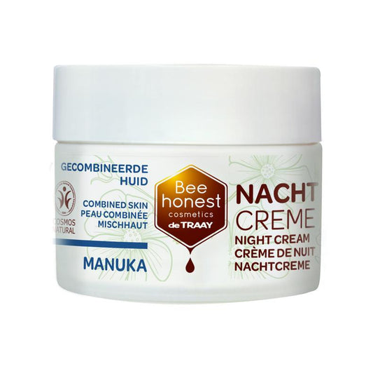 Traay Bee Honest Nachtcreme Manuka face moisturizer in 50ml jar, natural skincare product for nighttime facial care.