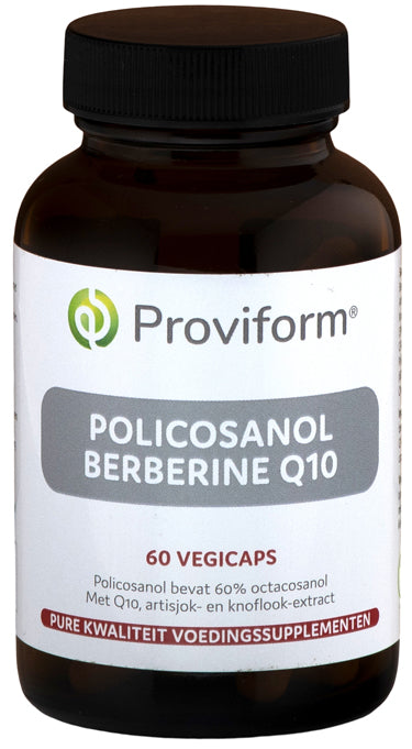 Proviform Policosanol Berberine Q10 vegetarian capsules in a bottle, herbal supplement for cardiovascular health.