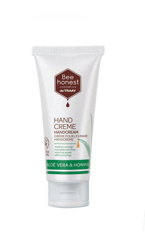 Traay Bee Honest aloe vera and honey hand cream in a 50ml tube, moisturizing hand care product with natural ingredients.