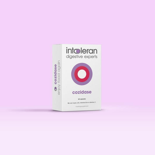 Intoleran Cozidase 60 capsules of fiber and enzyme supplement, showing the supplement bottle and capsules on a white background.