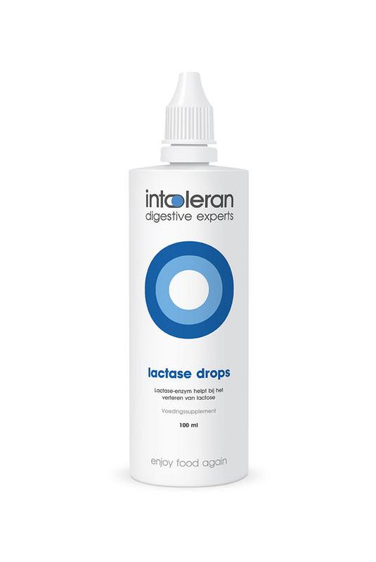 Intoleran Lactase drops in 100ml bottle, dietary supplement with enzymes for lactose digestion, shown in clear glass container
