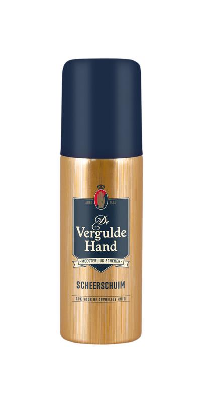 Vergulde Hand Scheerschuim in 50ml container, suitable for shaving and hair removal, with a creamy foaming texture.