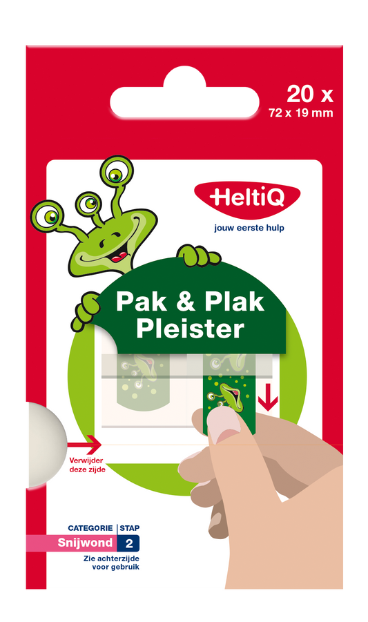 Heltiq Pak & plak groen 20 stuks, adhesive plasters and tape, shown in a box with green bandages and medical tape.