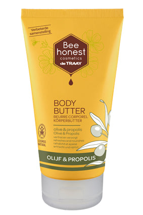 Traay Bee Honest body butter with olive and propolis in a 150ml jar, showcasing rich, creamy texture and natural ingredients.
