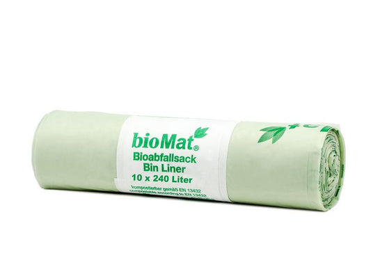 Biomat compostable waste bags, 240-liter household trash bags, pack of 10, suitable for composting and household waste.