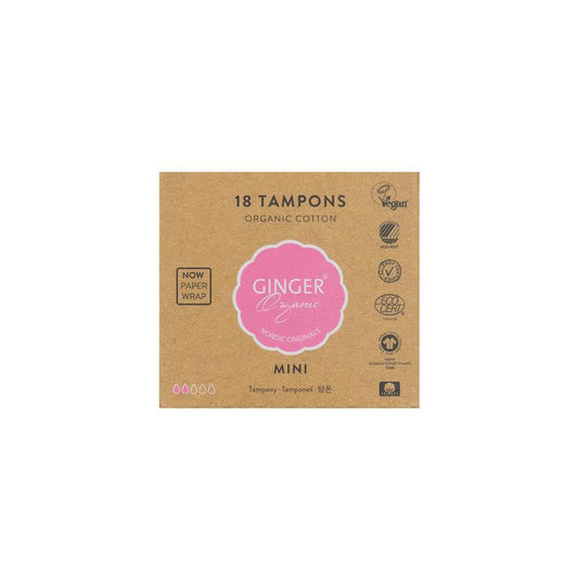 Organic Ginger Tampon mini pack with 18 disposable feminine hygiene tampons, suitable for light days.