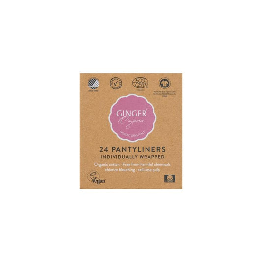Box of 24 Ginger Organic inlegkruisjes, individually wrapped feminine panty liners, soft and organic for daily comfort.