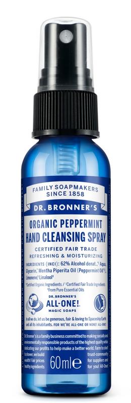 Dr Bronners Peppermint Hand Spray, 60ml, natural hand care product with peppermint scent, in a clear spray bottle.