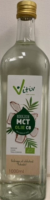 Vitiv MCT olie C8 coconut oil bottle showing clear liquid with label, 1-liter size, pure caprylic acid bio product.