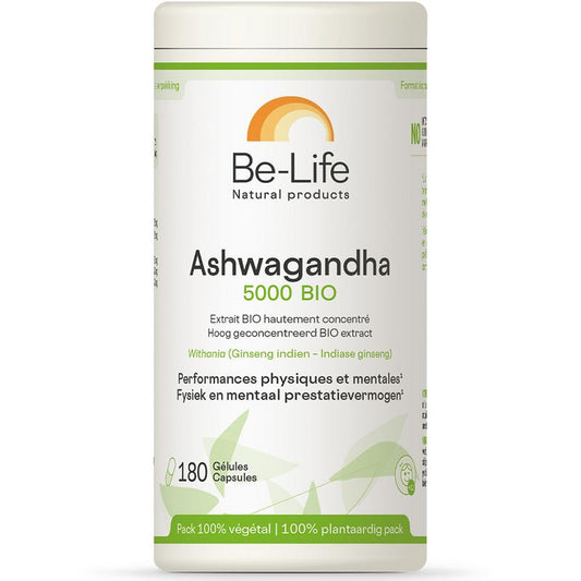 Be-Life Ashwagandha bio herbal supplement in a bottle of 180 capsules, showing the product label and capsules inside