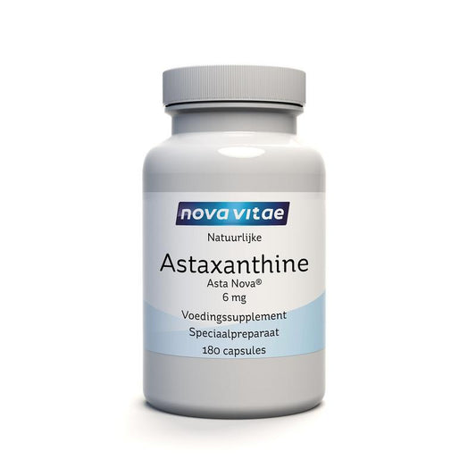 Nova Vitae Astaxanthine 6mg herbal supplement capsules, 180 count, showing the bottle with label and capsules inside