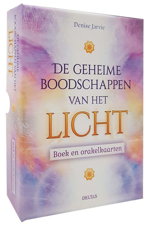 Deltas De geheime boodschappen van het licht boek en orakel set, open pages showing mystical illustrations and text for spiritual insight.