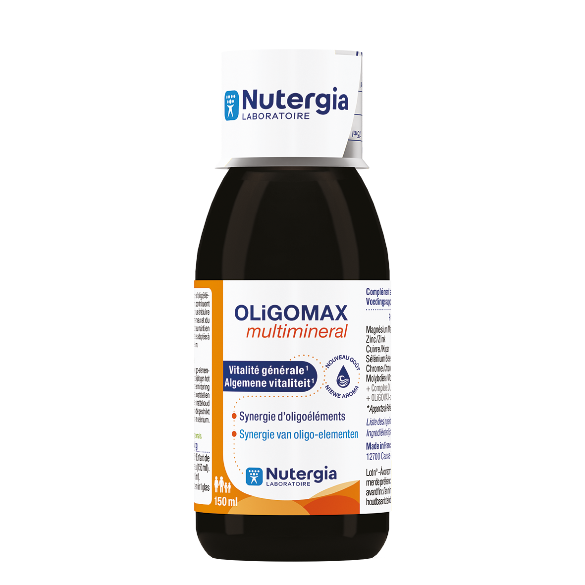 Nutergia Oligomax mineral multivitamin bottle with 150ml liquid supplement, featuring a clear label and cap.