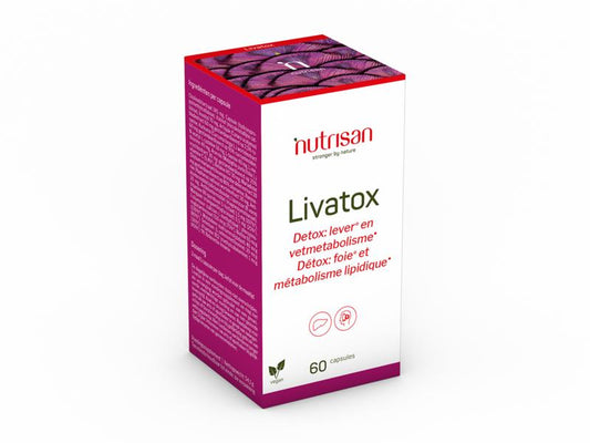 Nutrisan Livatox vegetarian herbal capsules in a bottle, dietary supplement for liver support, shown in the image.