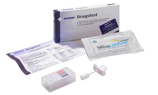 Testjezelf.nu Multidrugtest 12-speeksel zelftest kit with one test in packaging, used for drug detection through saliva analysis.