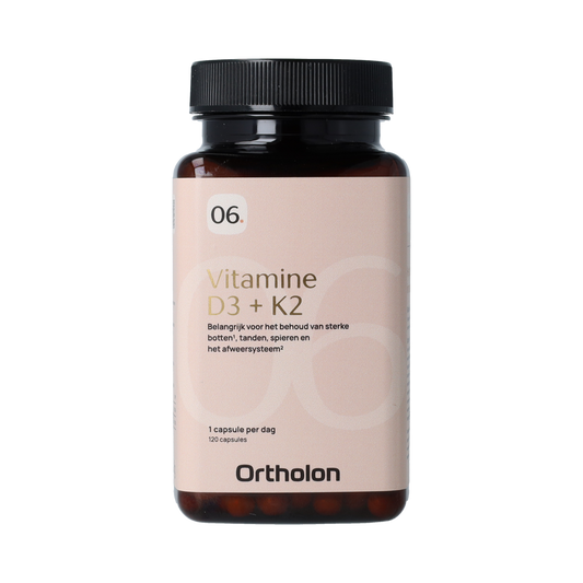 Ortholon Vitamin D3 + K2 capsules, a multi-vitamin supplement in a bottle with 120 capsules on a white background.