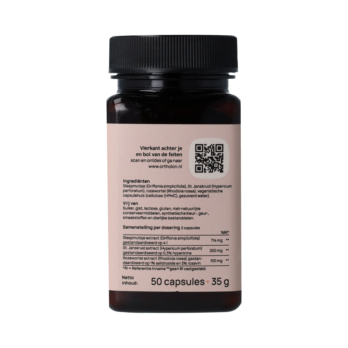 Ortholon Brain Mood capsules in a bottle, herbal supplement from Kruidenpreparaten line, with label and capsules visible.
