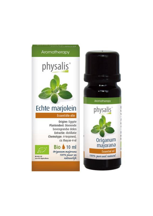 Physalis Marjolein organic herbal preparation in a 10ml bottle, featuring fresh marjoram leaves and herbs.
