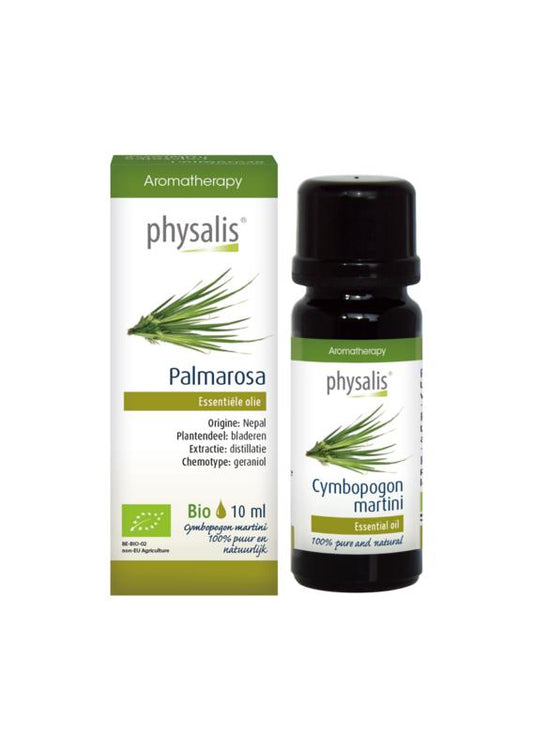Physalis Palmarosa bio essential oil bottle, 10ml, in Kruidenpreparaten packaging, showing the product label and amber glass bottle.