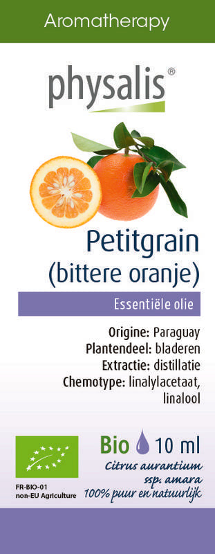 Physalis Petitgrain bio essential oil bottle from Physalis, 10ml, in a clear glass container with a white cap.