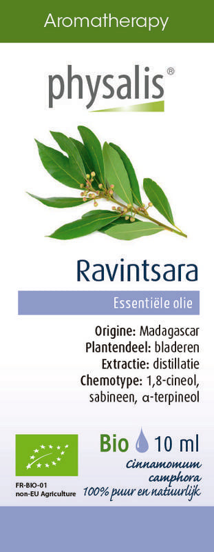 Physalis Ravintsara bio essential oil in a 10ml bottle, natural herbal remedy, featuring clear glass bottle with label and dropper cap.