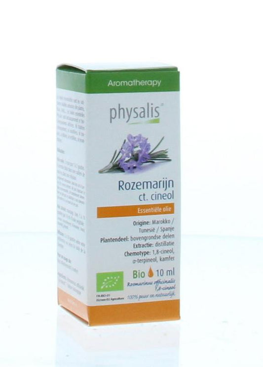Physalis Rozemarijn bio herbal preparation in a 10ml bottle, featuring fresh rosemary sprigs and leaves on a white background.