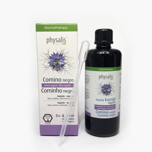 Physalis bio zwarte komijn etherische olie in 100ml bottle, dark liquid with a natural dropper cap, on a white background.