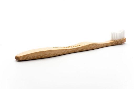 The Humble Co bamboo adult toothbrush with soft bristles, white handle, shown in close-up on white background.